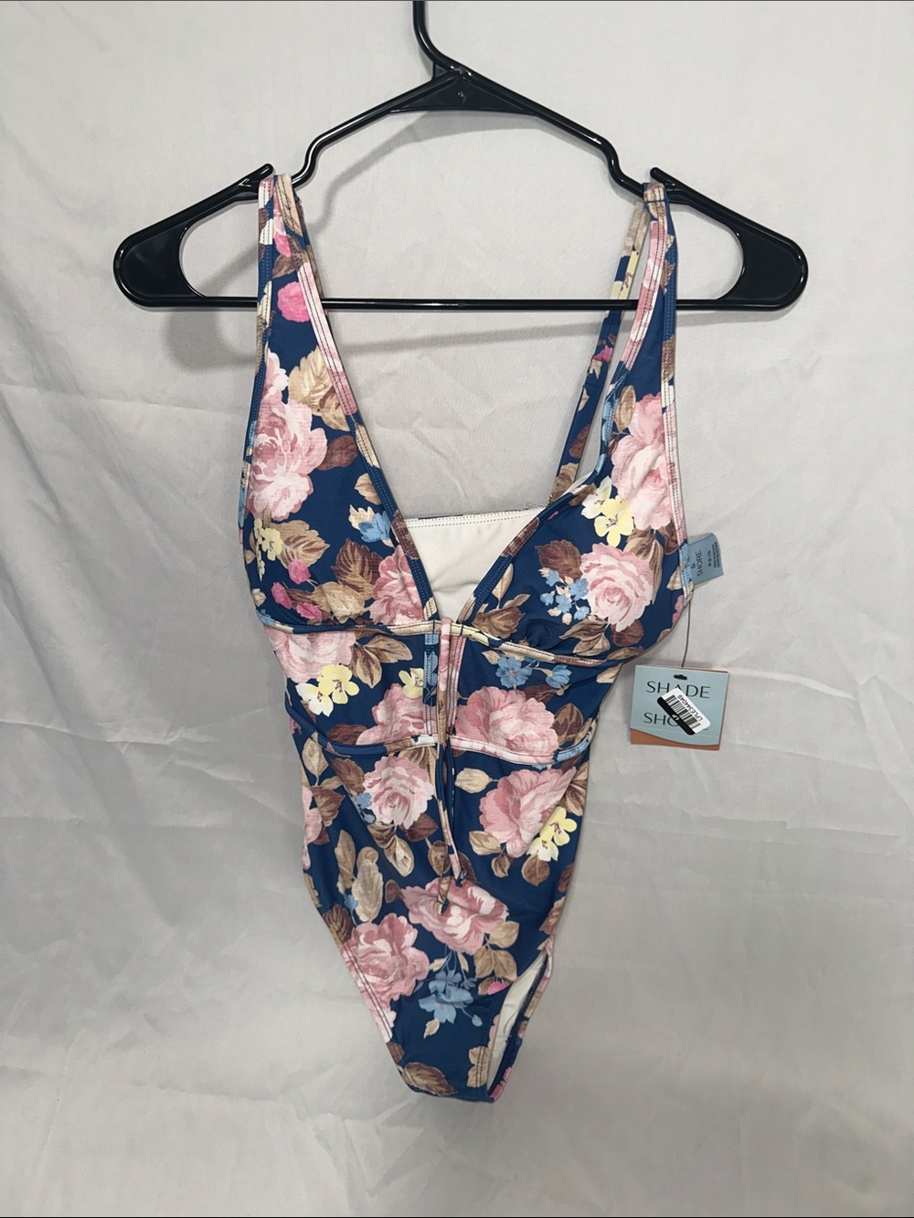 Shade & Shore Navy Floral Zip-Front One-Piece Swimsuit with Pink Blooms